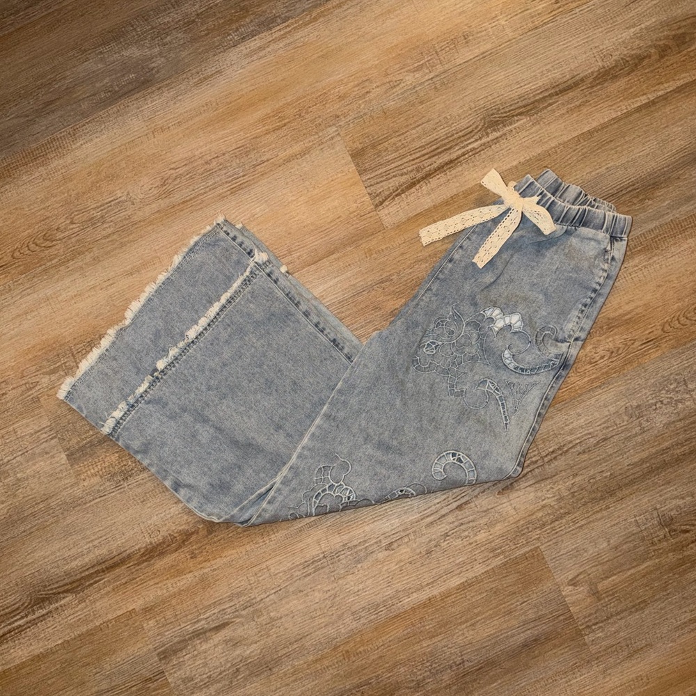 Light Blue Embroidered Wide-Leg Jeans with Lace Tie Waist